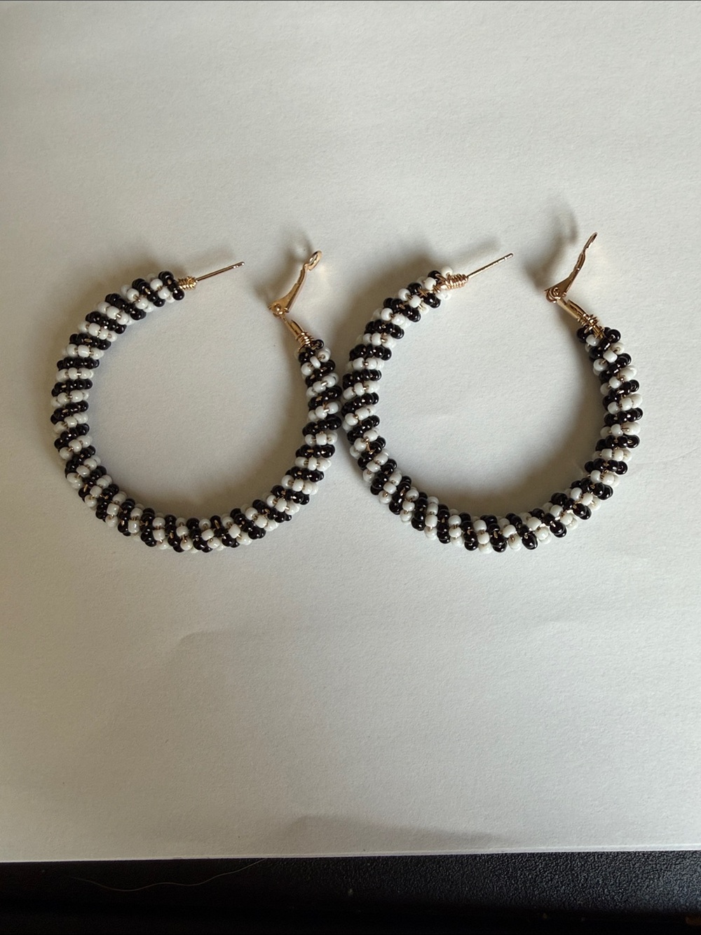 Black and White Beaded Hoop Earrings - Women Jewelry